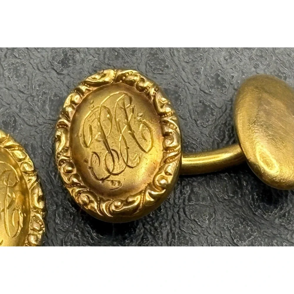 Vintage 14K Solid Yellow Gold Tone Victorian Cufflinks Ornate Etched Initials PA